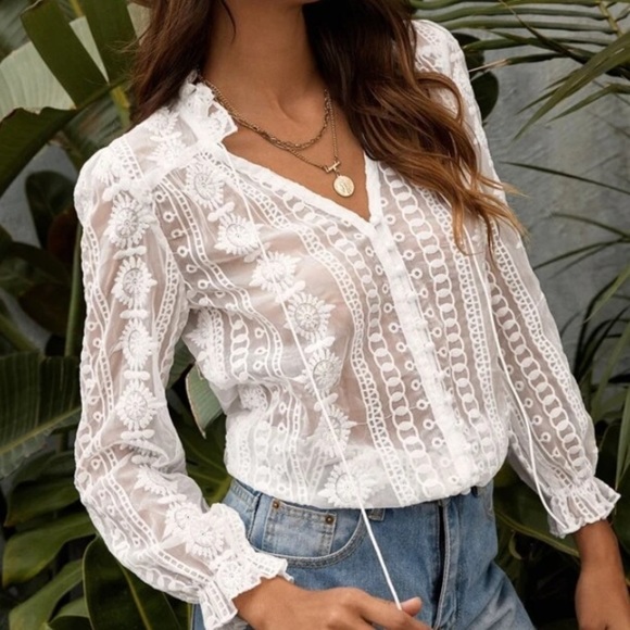 White Lace  button down top - Picture 3 of 6